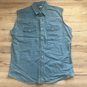 NWT Canyon Guide Outfitters Mens XLG Blue Jean Sleeve Button Front Shirt.